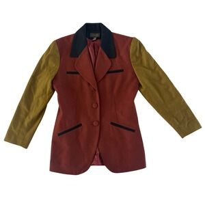 Vintage EXPRESS Colorblock‎ Wool Blazer Jacket Black Collar Rust Green M RARE!